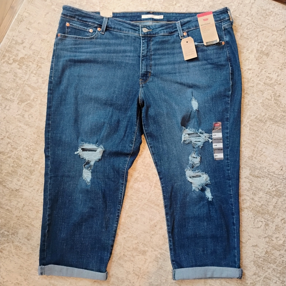 NWT 24W Levi's Boyfriend Hypersoft Distressed Medium Dark Wash Denim Blue Jeans